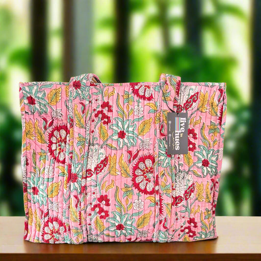 Floral-patterned bag with a visible brand tag on a white background