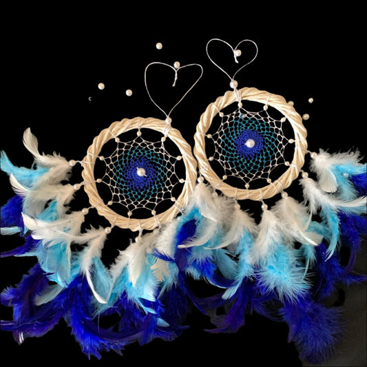 Dreamcatcher with blue and white feathers on a dark background