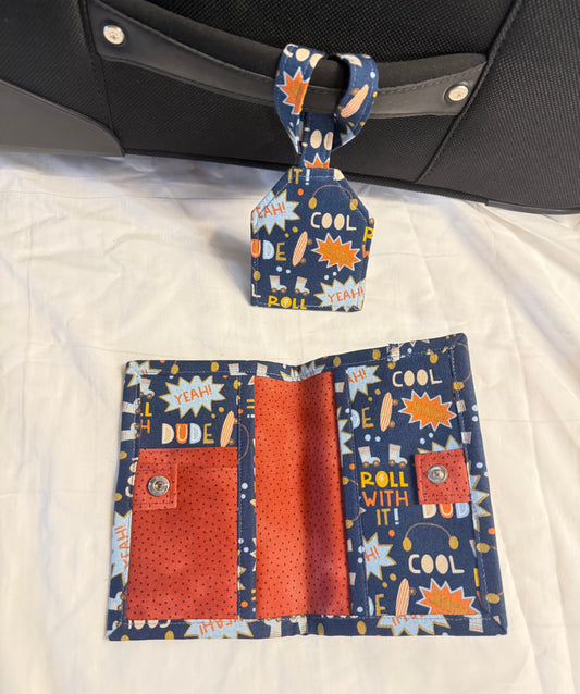 Fabric pouch with matching bow tie on a white background